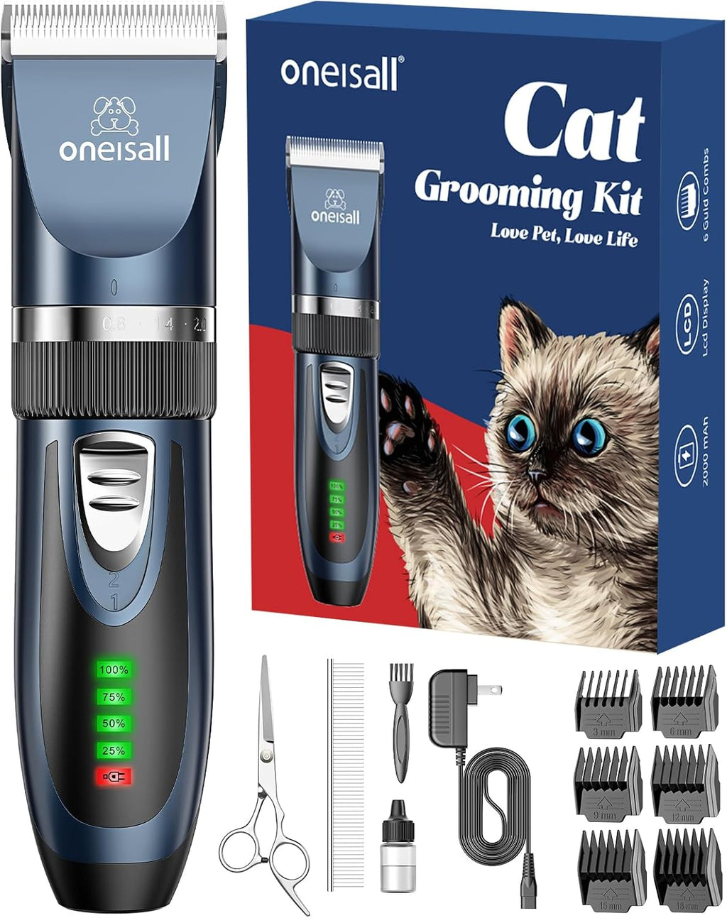 oneisall Quiet Cat Clippers for Matted Hair & Long Hair, Cat Shaver | Cordless Cat Grooming Kit, LCD Display, 6 Guard Combs, 240-Min Runtime, 2-Speed Low Noise Trimmer for Cats & Small Dogs