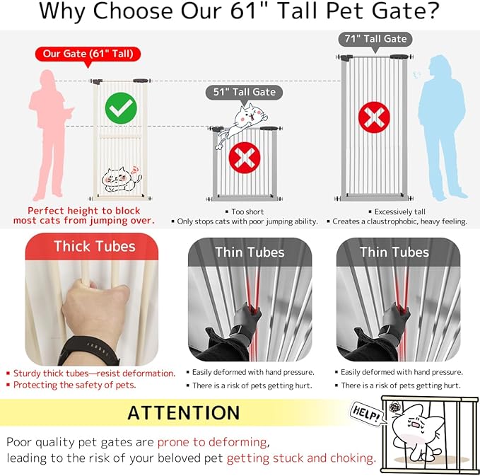 Lumizone Extra Tall Cat Gate 61.02" High Pressure Mounted Extra Wide 42.52"-46.64" (17Sizes) 1.37" Gap No Drilling Auto-Close Tall Pet Gate for Dogs (Cream, 42.52"-46.64" W)