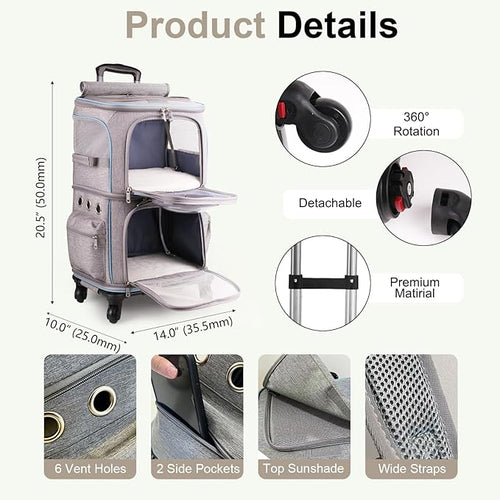 2-in-1 Pet Carrier Backpack for Two Cats or One Dog with Puller & Roller, Grey 2-Layer Dual Cabins Carry Bag for Large Fat Cat and Puppy Traveling and Hiking, Space Capsule Clear Bubble Dome