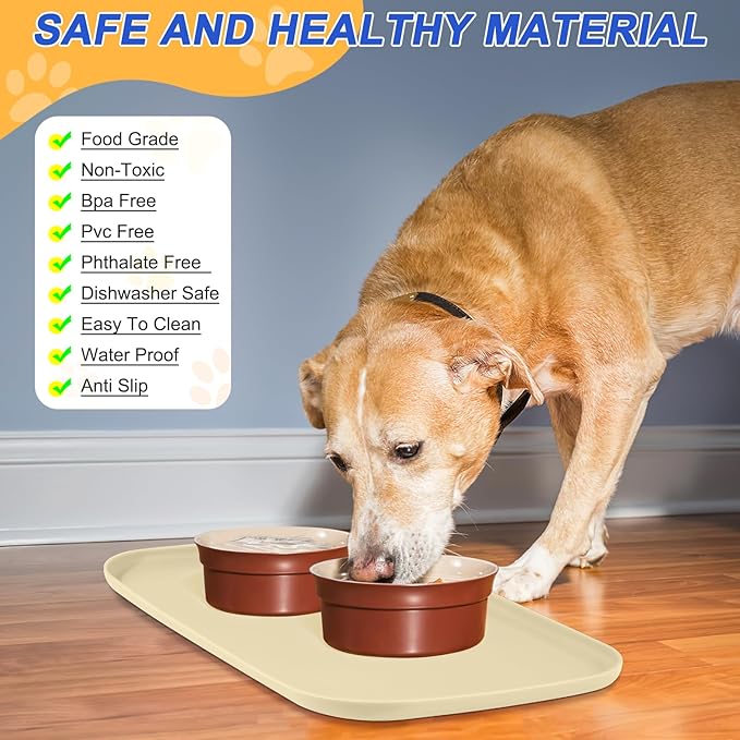 Silicone Pet Feeding Mat with Raised Edge for Food and Water, Dog Bowl Mats, Cat Bowls Placemat with High Lip for Floor Waterproof, Rubber Tray for Cats and Dogs 24 x 16 x 0.8 White Sand (Yellow Cast)