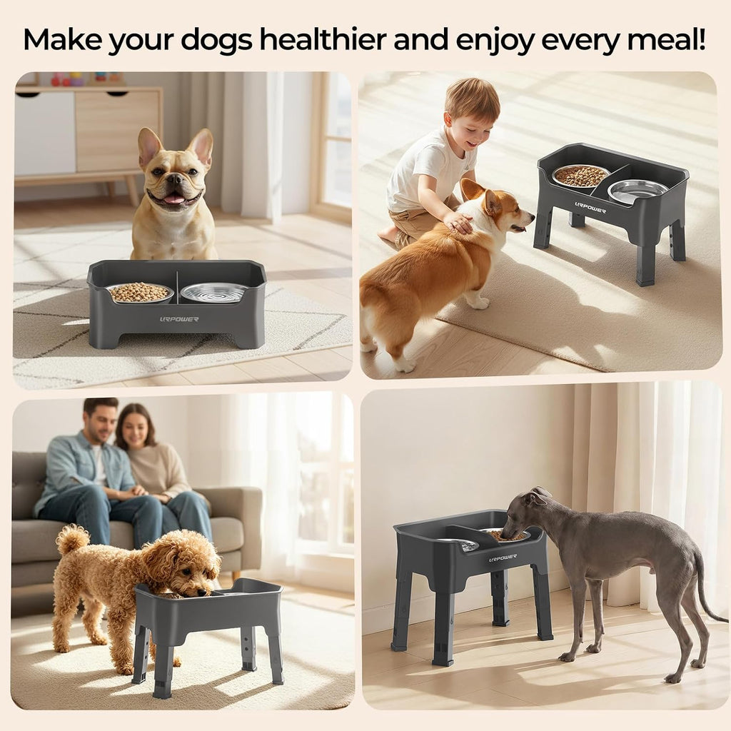 URPOWER Mess Proof Elevated Dog Bowls for Small Dogs with Splash Guard | 4 Adjustable Heights, 2 Stainless Steel Bowls, Food & Water Separation, Non-Slip Base, Foldable Raised Dog Bowl Stand, Grey