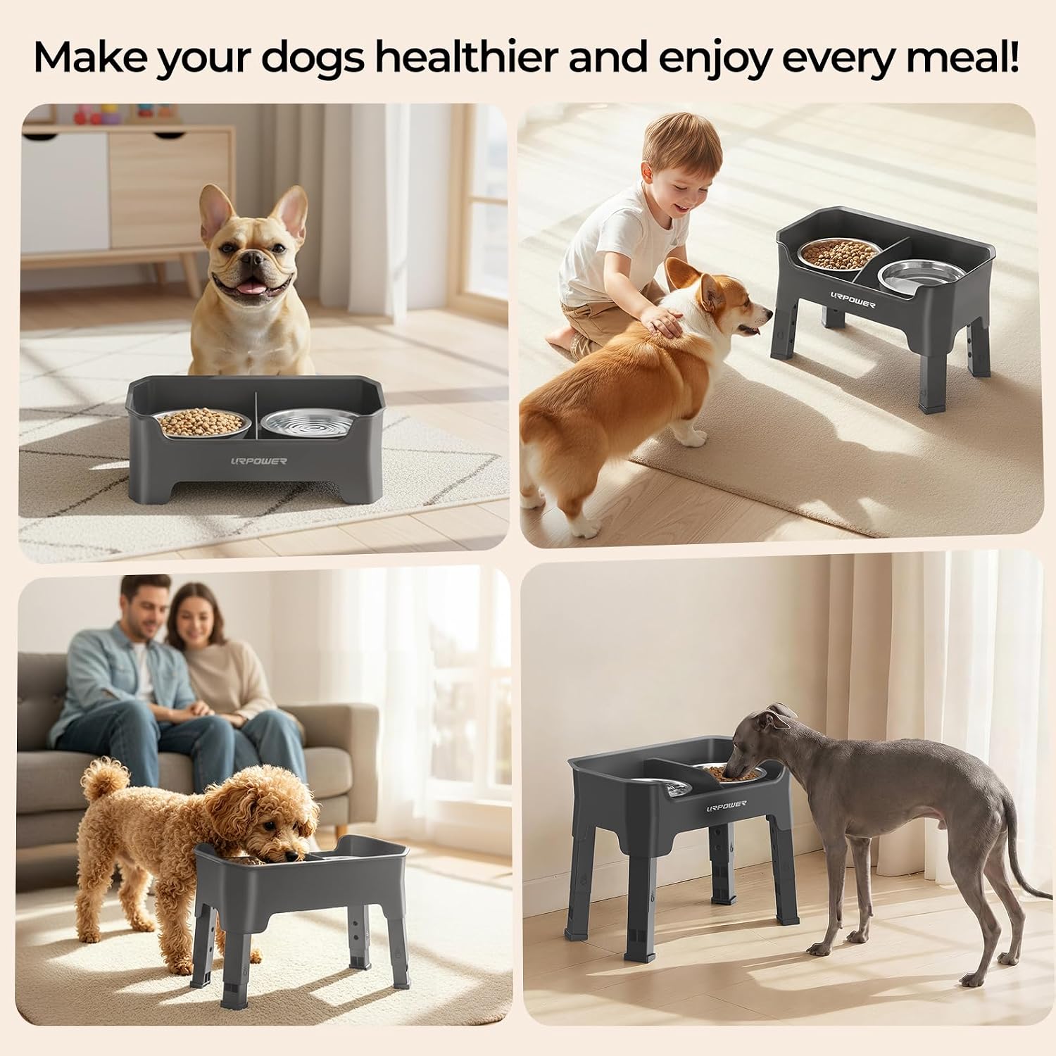 URPOWER Mess Proof Elevated Dog Bowls for Small Dogs with Splash Guard | 4 Adjustable Heights, 2 Stainless Steel Bowls, Food & Water Separation, Non-Slip Base, Foldable Raised Dog Bowl Stand, Grey