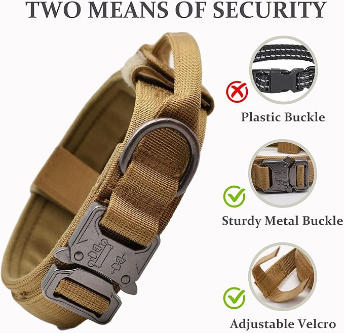 Tactical Dog Collar, Adjustable Military Training Nylon Dog Collar with Control Handle and Heavy Quick-Release Metal Buckle for Small Medium Large Dogs, Brown XL