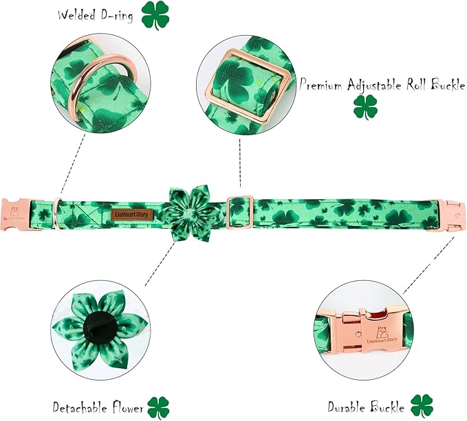 Lionheart Glory St. Patrick's Day Dog Collar, Dog Collar with Flower, Cute Floral Pattern Pet Collars Adjustable Pet Collars for Small Dogs