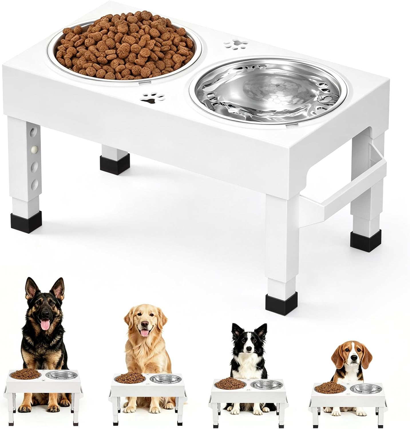 Elevated Dog Bowls Stand Large Breed, Height Adjustable Raised Dog Bowls Holder with 2 Stainless Steel Food Bowls for Small, Medium and Large Canine，White