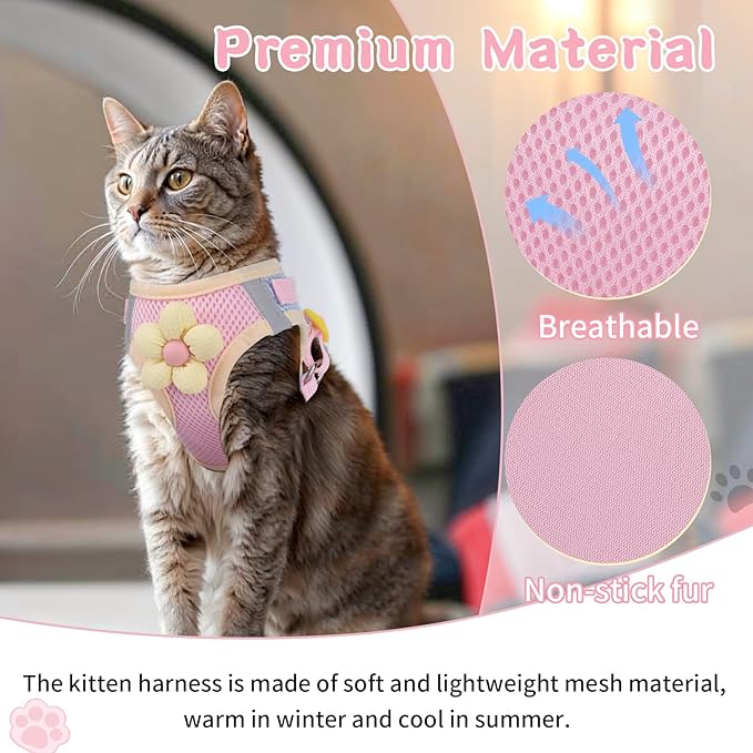 Cat Harness and Leash Set for Walking Escape Proof, Adjustable Kitten Harness Breathable Mesh with Reflective Strips Harness with Flower for Kitty Puppy Bunny Pink M