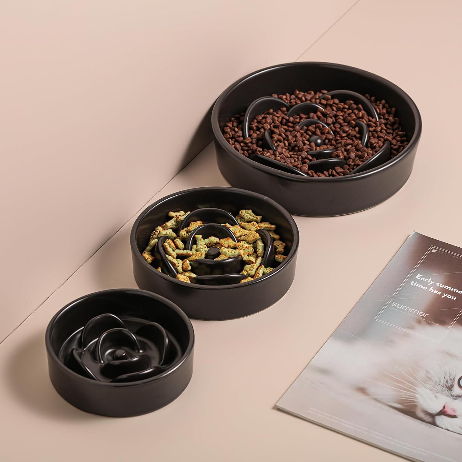 Black Ceramic Slow Feeder Dog Bowl for Small and Medium Breeds,6.1 in Slow Feeding Bowl,Puzzle Cat Dog Food Bowl for Fast Eater,Maze Dish Puzzle Bowl for Small Dogs and Cats