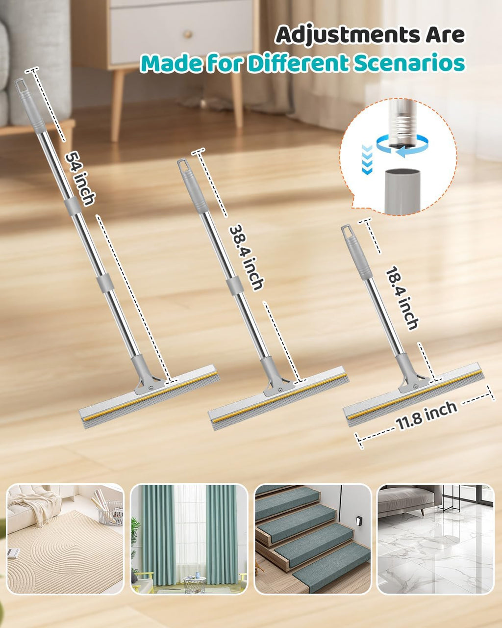 Carpet Rake for Pet & Human Hair Removal, Reusable Pet Hair Remover Tool with 54 Inch Adjustable Long Handle, 3 Piece Carpet Scraper Set, Easy Assembly for Rugs, Carpets, Couch and Furniture