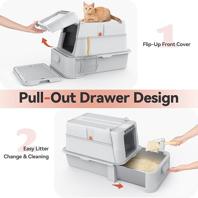 Enclosed Stainless Steel Cat Litter Box with Odor Control, Modular Design with Drawer and Flip Door, Easy to Clean and Wash,Non-Stick Interior,Extra Large Size Fits All Cats(Light Grey)