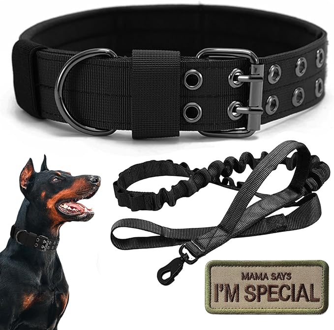 Tactical Dog Collar Military Adjustable Dog Collars Soft Nylon Training Collar with Patch Heavy Duty Metal Buckle Collars for Medium Large Dogs (Black-1, XL)