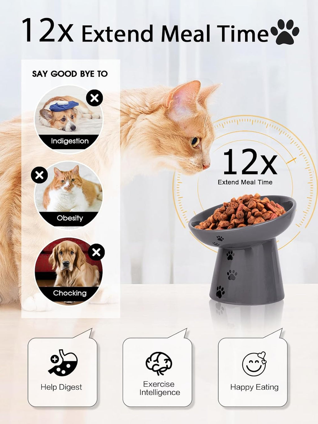Y YHY Slow Feeder Cat Bowl, Ceramic Cat Slow Feeder Bowl, 6 Inches, Elevated, Anti Vomiting for Dry and Wet Food, Gray
