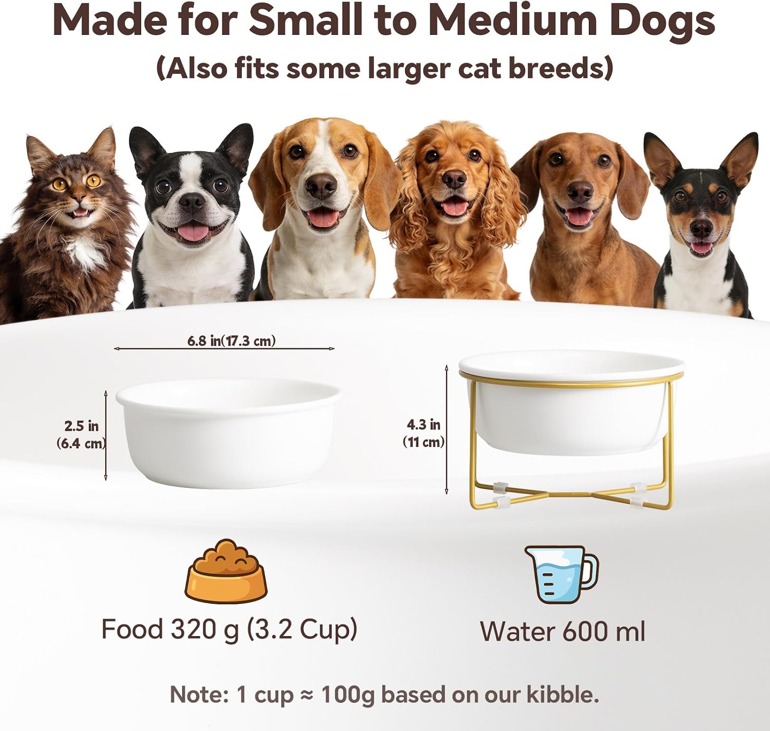 Elevated Ceramic Dog Bowl with Metal Stand - Raised Feeding Dish for Small and Medium Dogs - Ideal for Food or Water - Each Holds 600ml / 3.2 Cups (Approx. 320g) - White