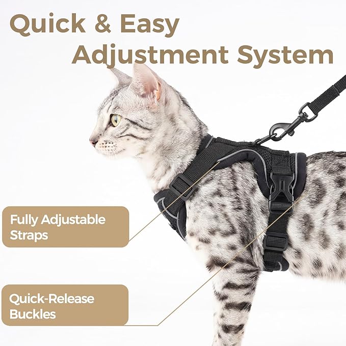 Cat Harness and Leash Set Escape Proof Tactical Extra Large Kitten Harness Emotional Support Cat Vest, Black, XXL
