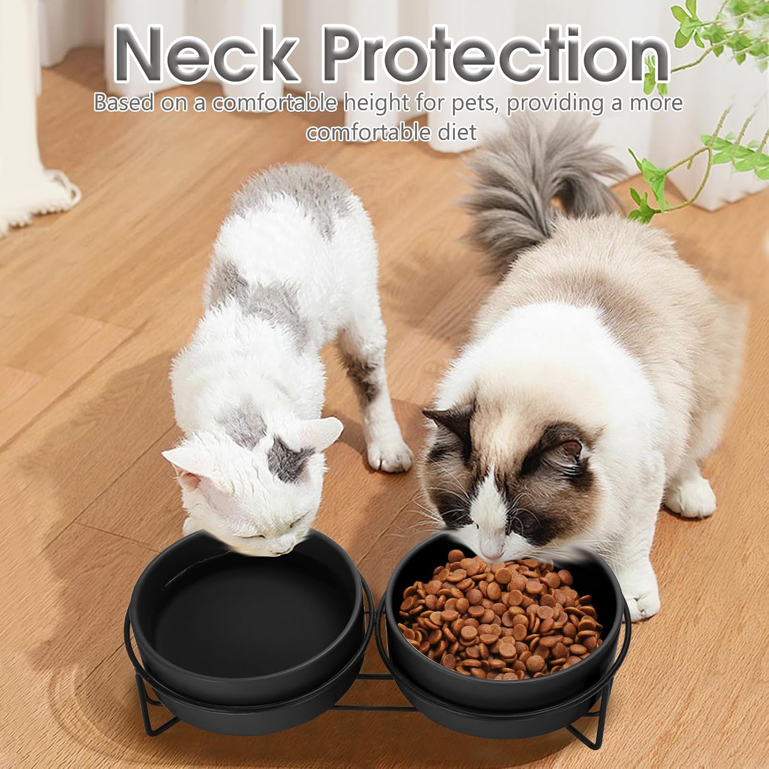 Ceramic Cat Bowl Set with Stand, 13.5oz Dog Food and Water Bowl Suitable for Small and Medium Pets (1.7 Cups, Black x 2)