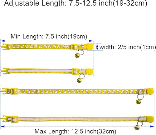 2 Pack Breakaway Cat Collars with Bells, Reflective Design and Claw Print Design, Safety Buckle, Adjustable 7.5-12.5 Inches for Kittens & Cats (Yellow)