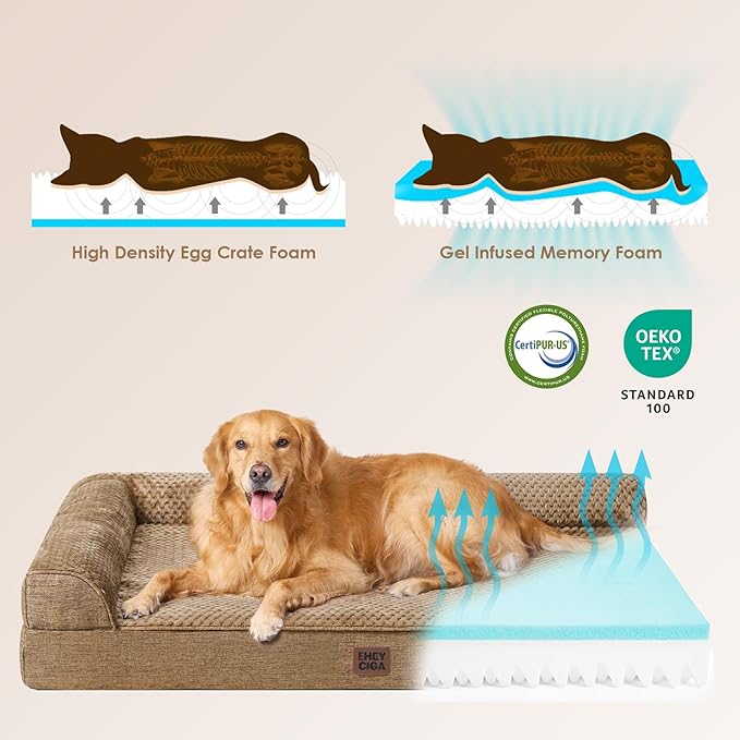 EHEYCIGA Large Dog Bed Memory Foam for Crate, Orthopedic Dog Bed Large Size Dogs with Washable Removable Cover, Waterproof Pet Sofa Couch with Nonskid Bottom, 35x22x6, Camel