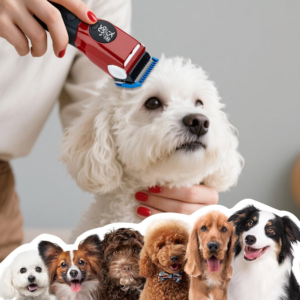 Mcbazel Dog Clippers Grooming Kit, Low Noise Rechargeable Cordless Adjustable Pet Hair Shaver Trimmers Set for Dogs, Cats and Other Pets [Red]