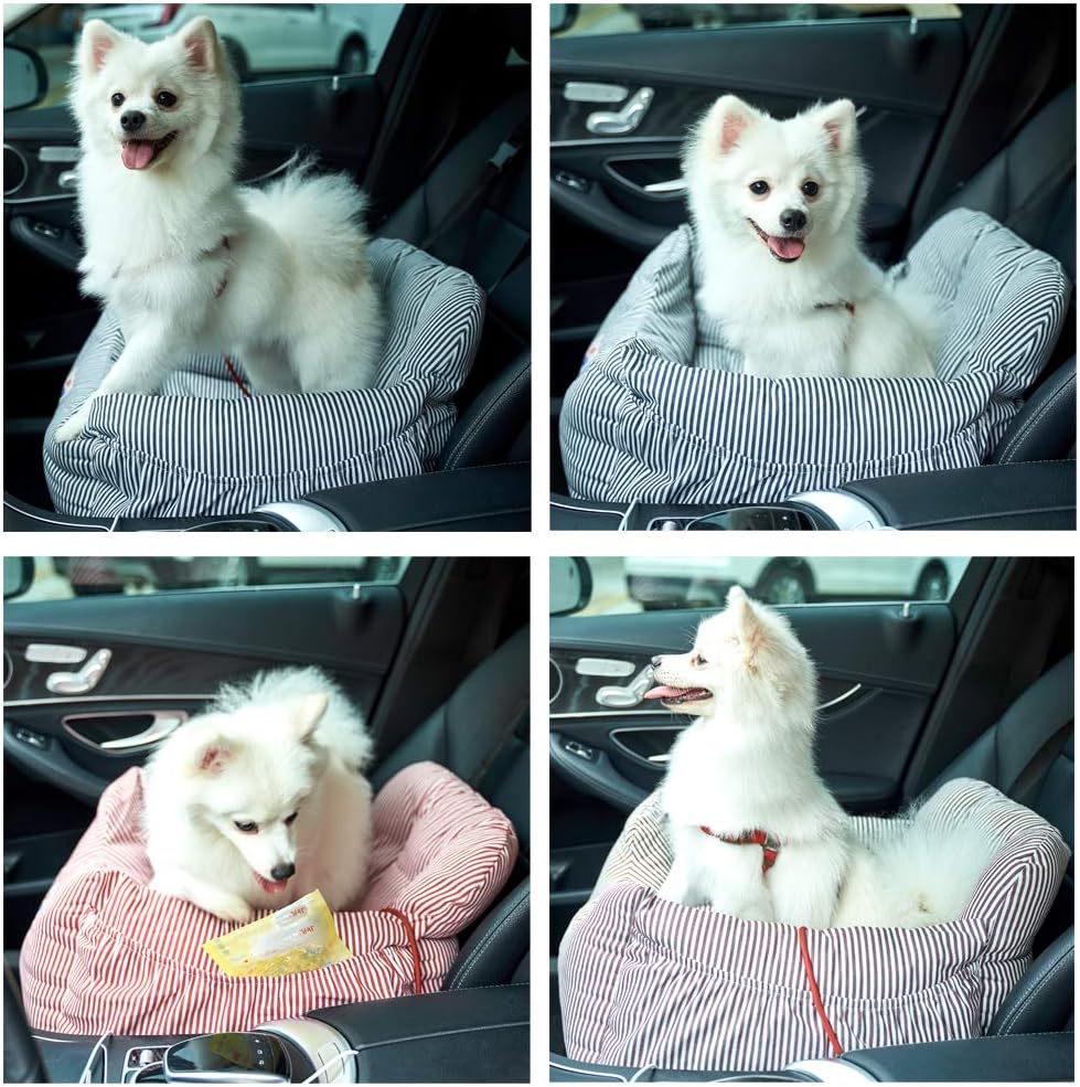 BLOBLO Dog Car Seat Pet Booster Seat Pet Travel Safety Dog Bed for Car with Storage Pocket (Coffee Stripe)