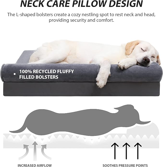 KSIIA Orthopedic Dog Bed Waterproof Flannel Bolster Couch with Egg Crate Foam for Large Dogs with Removable Washable Cover & Nonskid Bottom, 48 x 35 Inch, Gray