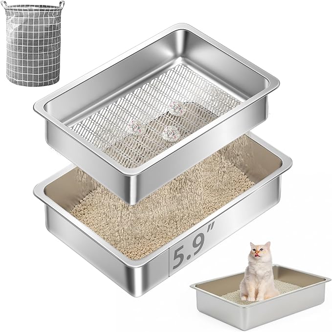 Teheao Stainless Steel Sifting Cat Litter Box for Clumping Litter, Kitty Large Metal Sifter Tray Pan with Cat Litter Bag, Low Dust, Odor Control, Easy Cleaning (15.7"*11.8"*5.9")