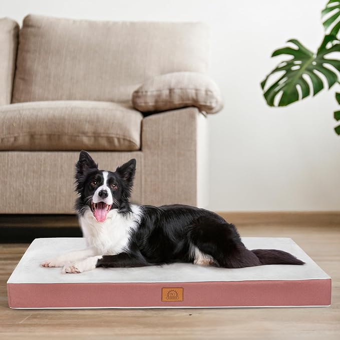 Orthopedic Dog Bed for Extra Large Dogs, XXL Waterproof Deluxe Plush Dog Crate Bed with Removable Washable Cover & Anti-Slip Bottom, Egg Crate Foam Pet Bed Mat, 44 x 32 Inches, Pink