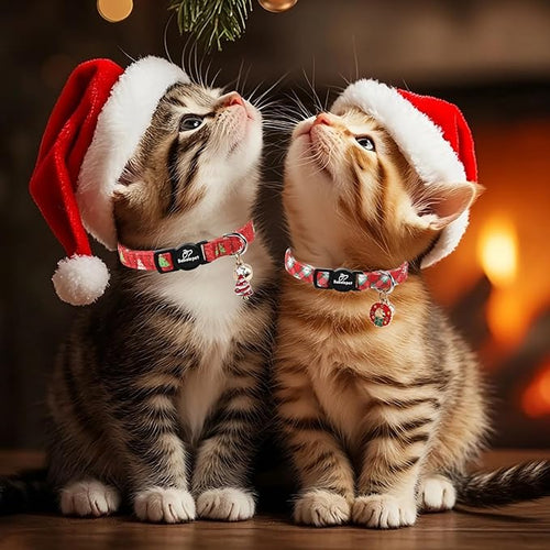 2 Pack Christmas Cat Collars - Breakaway Cat Collar with Bell, Christmas Wreath and Tree Pendant, Winter Adjustable Kitten Collars for Girl Boy Cats, Pink&Plaid