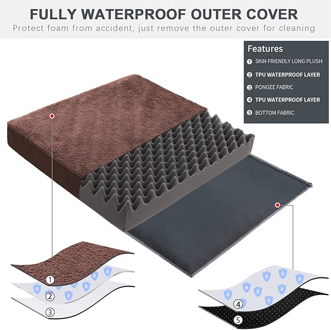 MIHIKK Waterproof Dog Bed Medium Size Dog Orthopedic Dog Beds for Crate with Removable Washable Cover Egg-Crate Foam Pet Pad Mat with Anti-Slip Bottom, 35x22 Inch, Brown