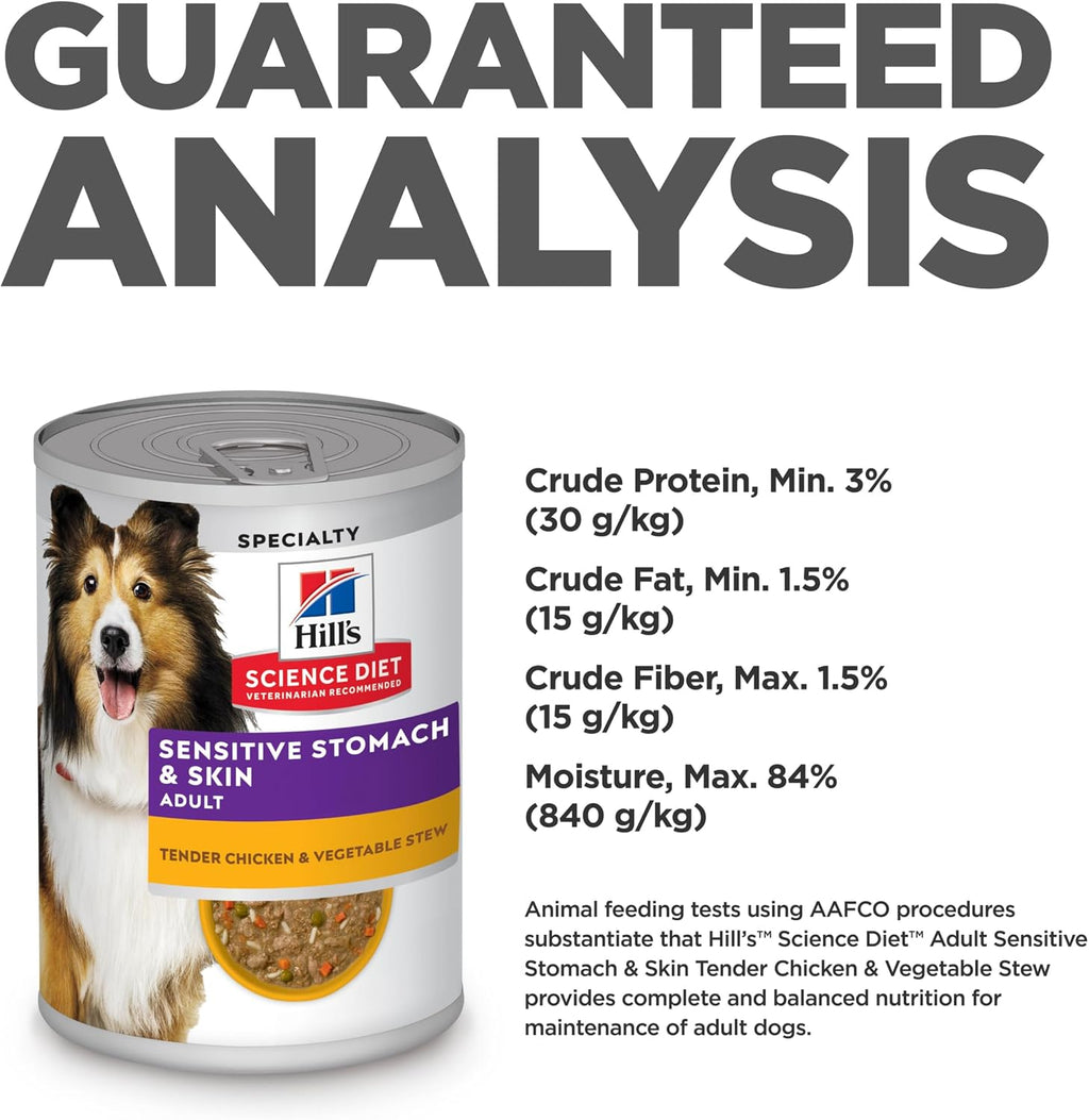 Hill's Science Diet Sensitive Stomach & Skin Wet Dog Food | #1 Veterinarian Recommended, Adult Formula, Chicken & Vegetable Stew, 12.5 oz. Cans, 12-Pack