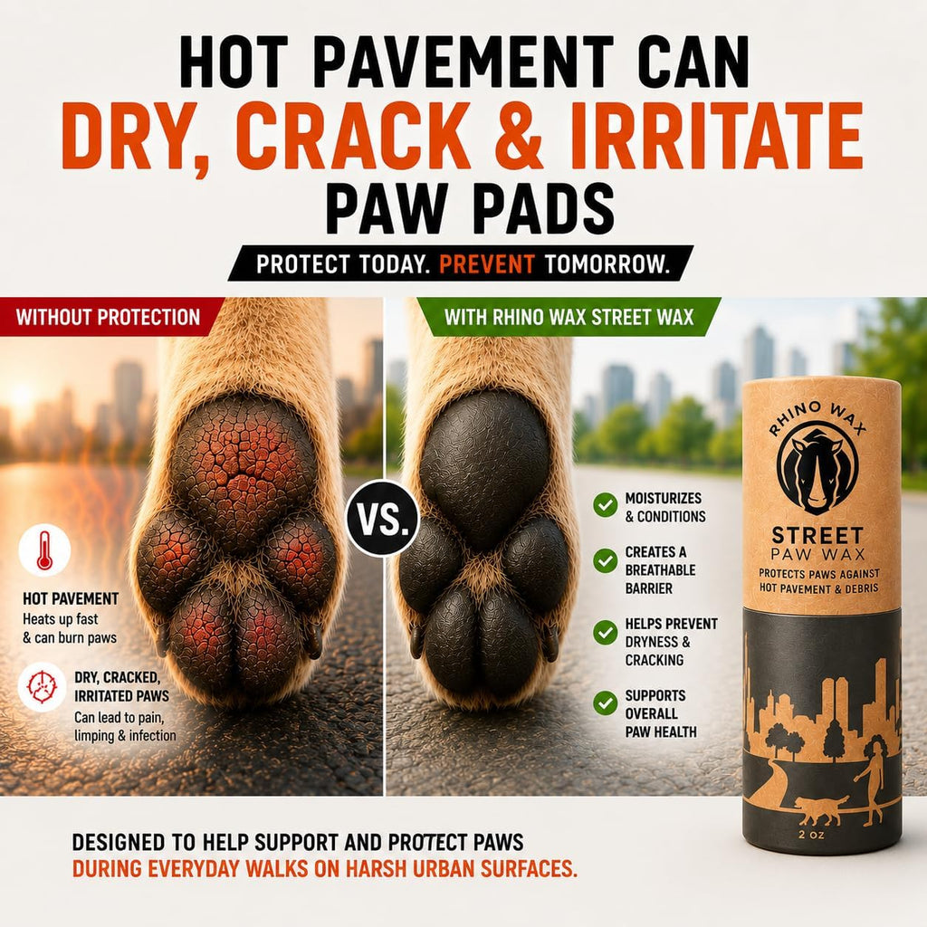 Dog Paw Protector for Hot Pavement, Asphalt, Streets & Sidewalks | Taking your dog on a summer walk? Protect dog paws from hot pavement with Street Wax designed for summertime hot surfaces.