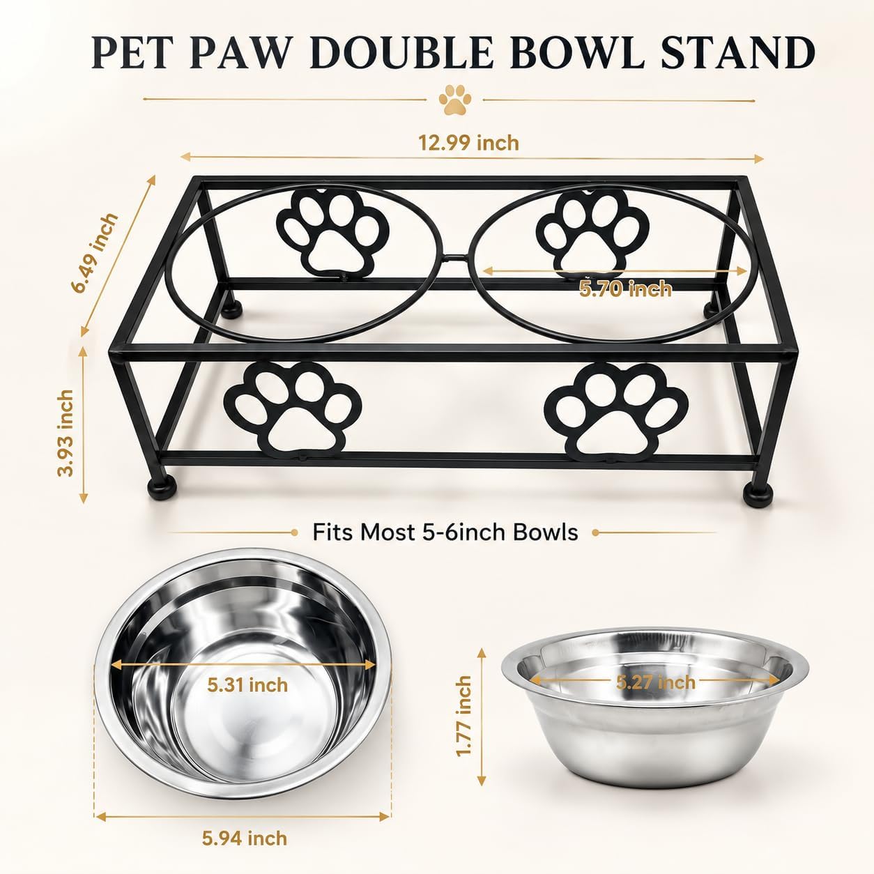 Raised Dog Bowls for Small Dogs, Elevated Bowl Stand Stainless Steel Dishes | Small Dog Bowl Stand with Two Thickened 5.3 Inch Stainless Steel Food Bowls, Raised Dog Dishes for Small & Medium Dogs, Black