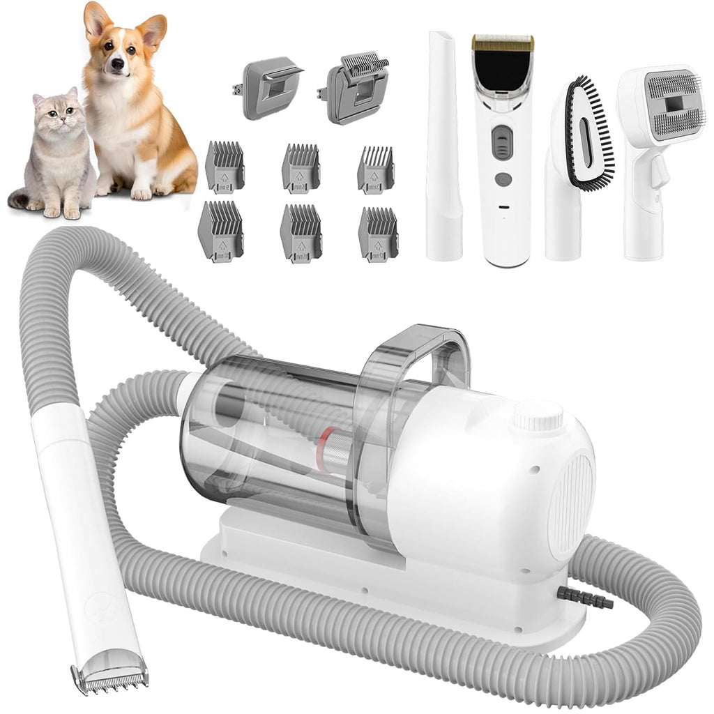 Dog Grooming Vacuum Kit & Pet Clipper - 6-in-1 Shedding Brush with 99% Hair Suction, 6 Grooming Combs Included