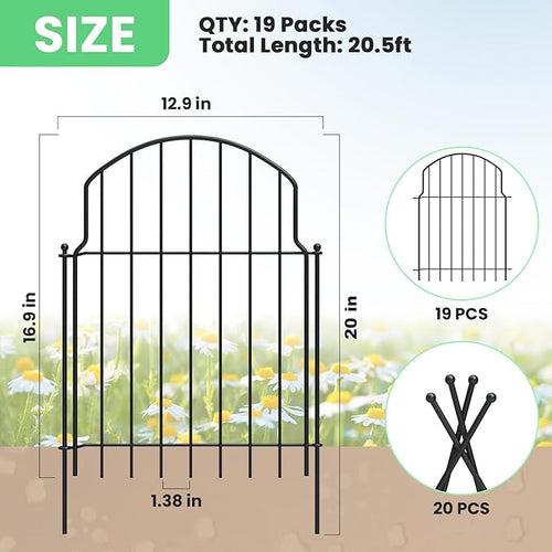 19Pcs Decorative Garden Fence, 20in(H)/20.5ft(L) Rustproof Metal Fences Animal Barrier Outdoor for Yard, Flower Bed Edging Ornamental Border Panel for Dogs, Rabbits, Dig Defence, Garden Decor, Patio