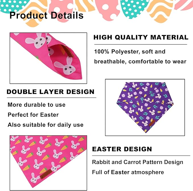 ADOGGYGO Easter Dog Bandana 2 Pack, Bunny Carrot Print Triangle Pet Scarf, Premium Fabric, Reversible Purple Pink Easter Bandana for Medium Large Dogs (Large)