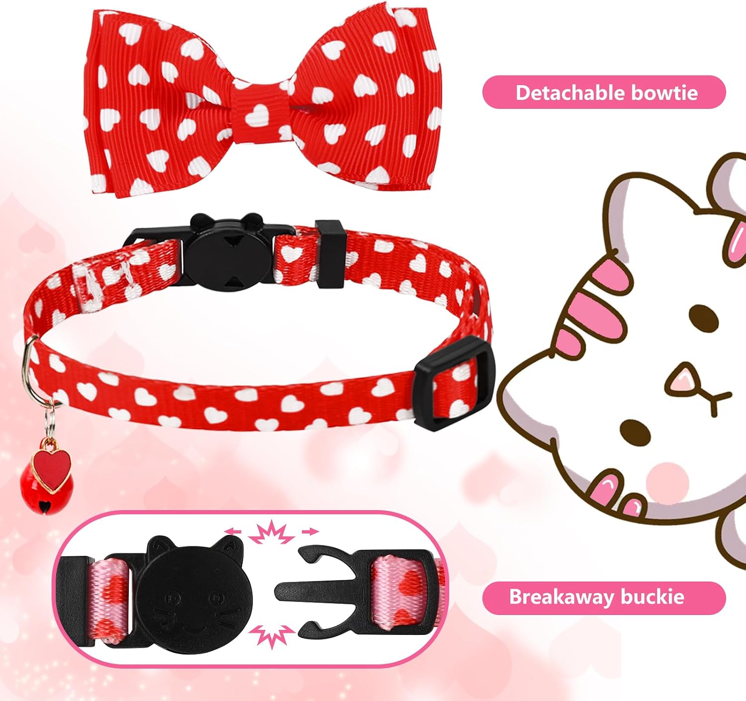 JarThenaAMCS 3Pcs Valentine's Day Cat Collar Love Heart Bowtie Collar with Breakaway Bell Red White Pink Adjustable Kitten Collars for Girl Boy Cat Small Pet