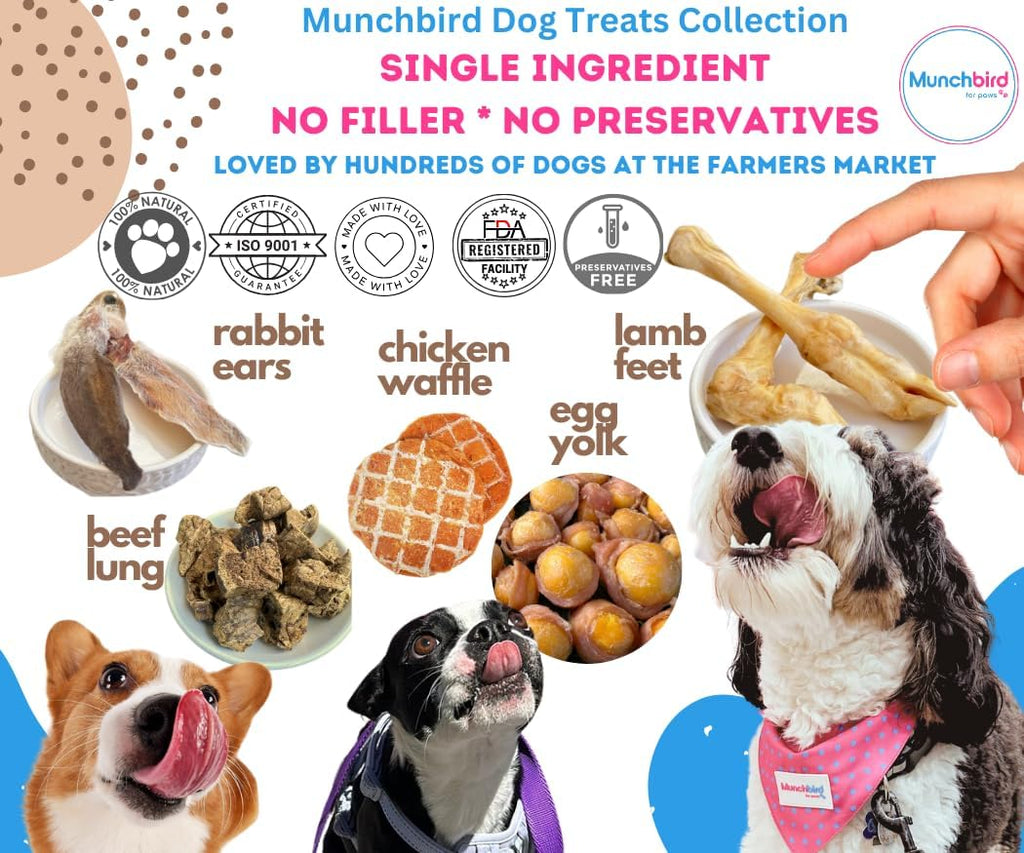 Munchbird Dehydrated Rabbit Ears 100g (3.5 oz) 12-15 pcs for Dogs, European Furry Rabbit Ear Natural Fiber for Pets, Rawhide Free Alternative to Pig Ears Dog Treats, Ear Size Varies