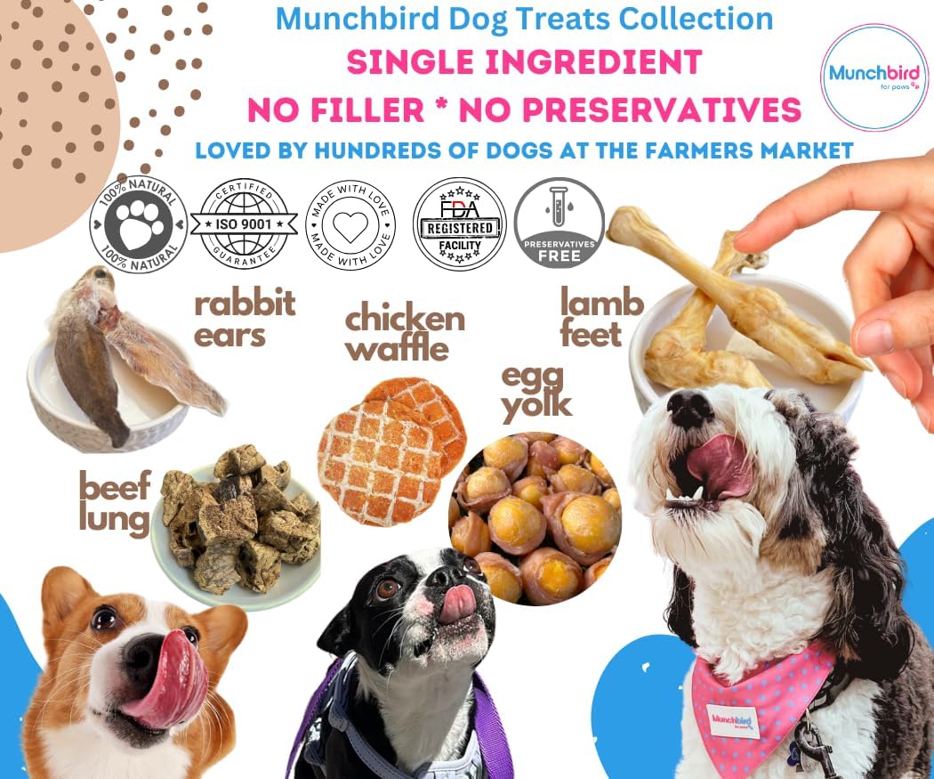 Munchbird Dehydrated Rabbit Ears 100g (3.5 oz) 12-15 pcs for Dogs, European Furry Rabbit Ear Natural Fiber for Pets, Rawhide Free Alternative to Pig Ears Dog Treats, Ear Size Varies