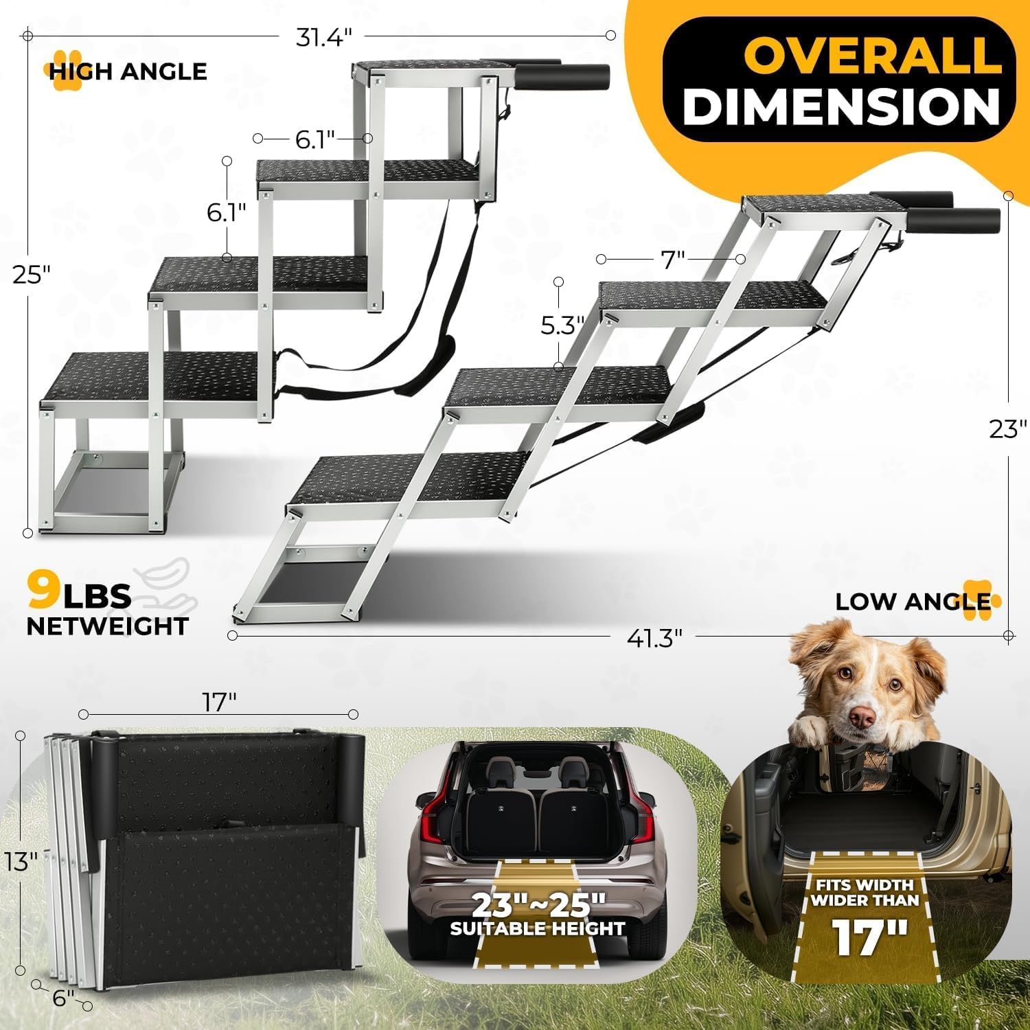 Auto Dynasty Dog Stairs for Car - 4 Steps Wide 31.4in High 25in Foldable Dog Ramp for Car Non-Slip Surface Support up to 150lbs - Suitable for SUV,Truck, Sofas, Bed/Couch