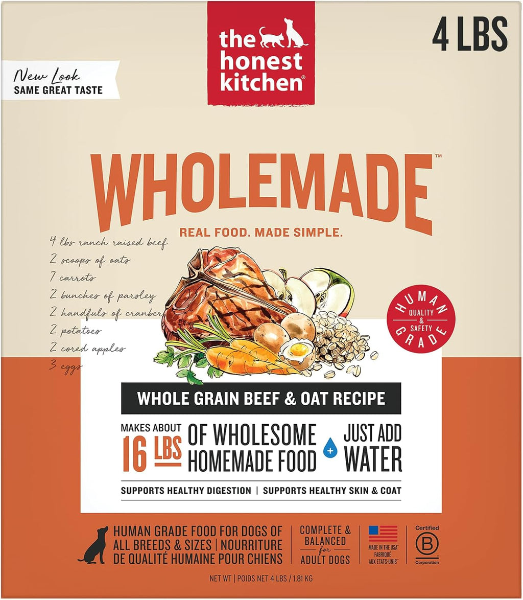 The Honest Kitchen Human Grade Wholemade™ Dehydrated Whole Grain Dog Food – Complete Meal or Dog Food Topper – Beef & Oat 4 lb (Makes 16 lbs)
