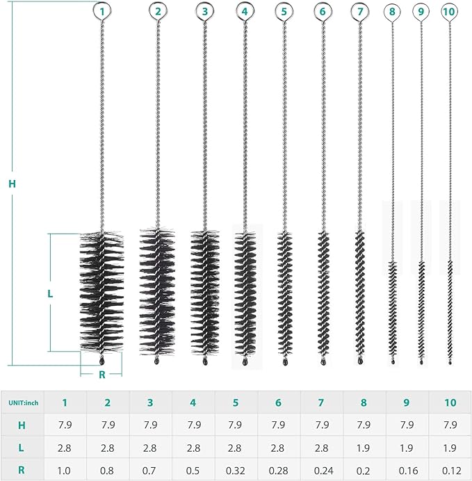 CiaraQ Bottle Cleaning Brushes, 8 Inch Nylon Tube Brush Set, Cleaner for Narrow Neck Bottles Cups with Hook, Set of 10pcs
