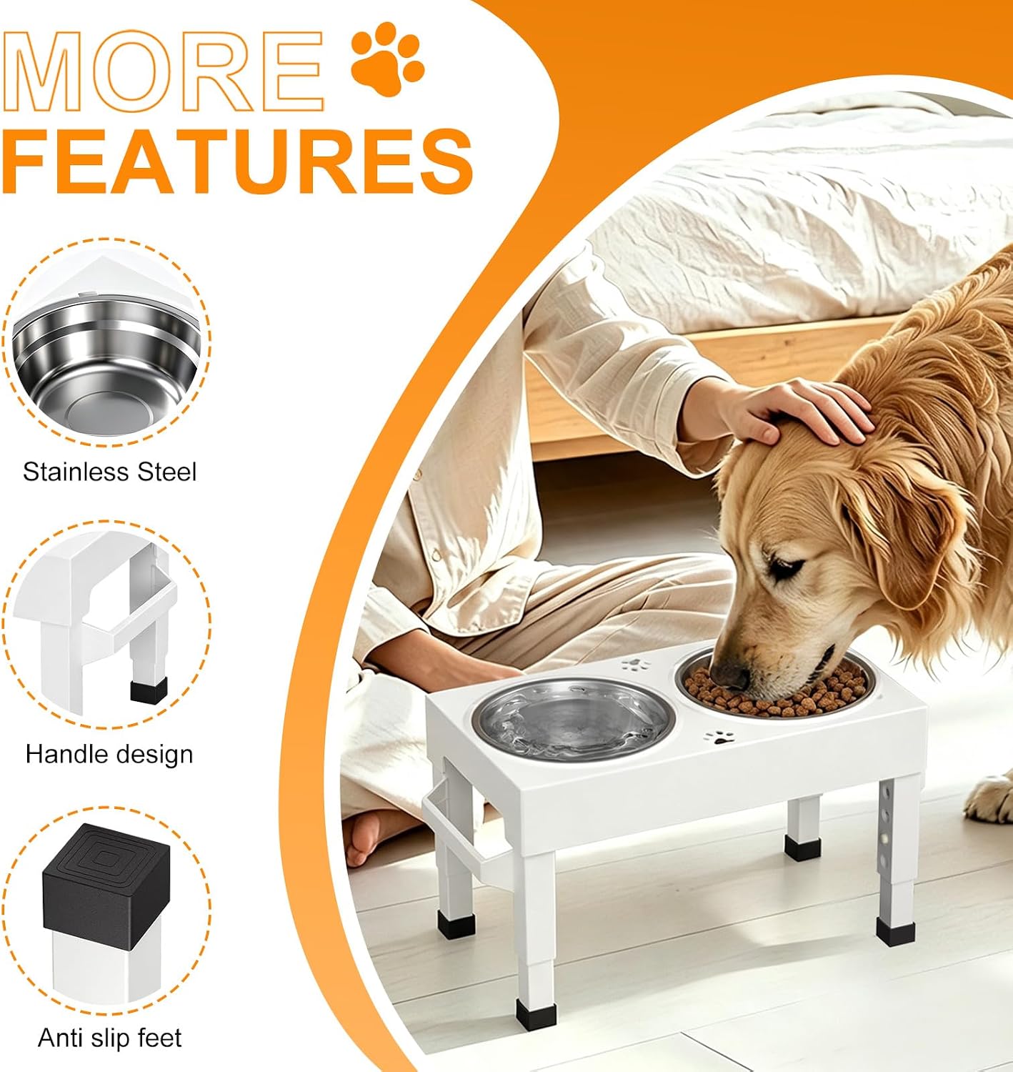 Elevated Dog Bowls Stand Large Breed, Height Adjustable Raised Dog Bowls Holder with 2 Stainless Steel Food Bowls for Small, Medium and Large Canine，White