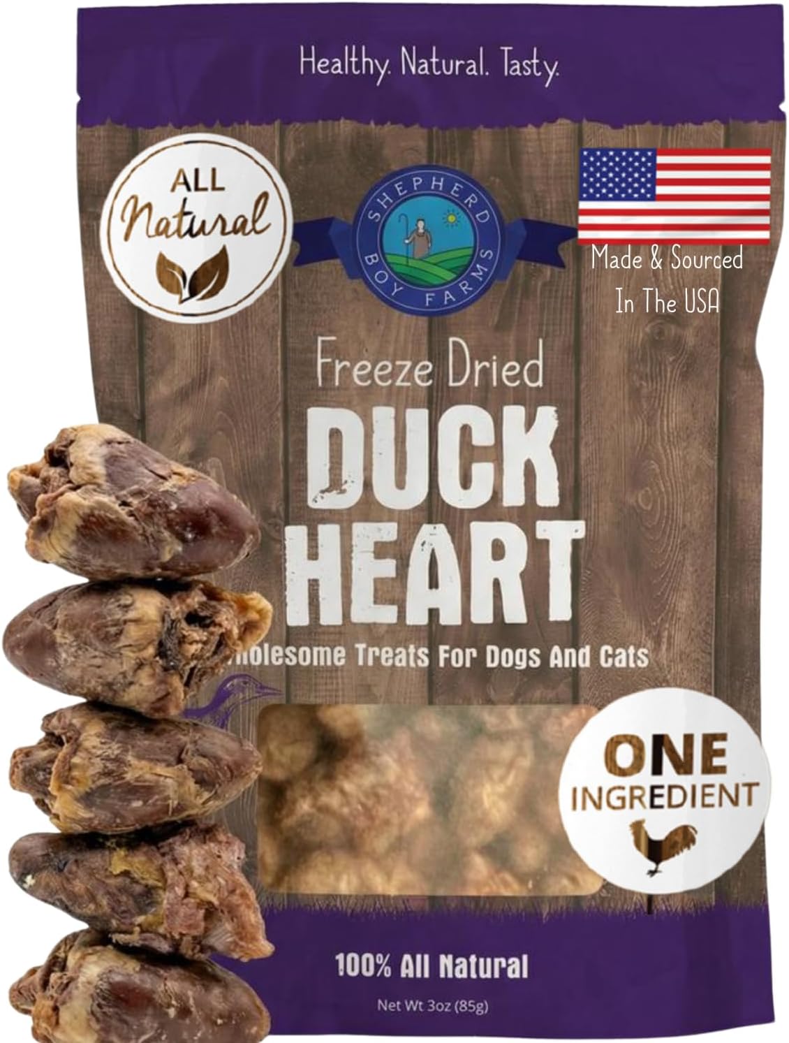 Shepherd Boy Farms Freeze Dried Duck Hearts for Dogs & Cats, USA Made - 3oz | Humanely Raised, No Added Antibiotics Or Hormones, High Protein, All Natural Single Ingredient Treats, Naturally Nutritious