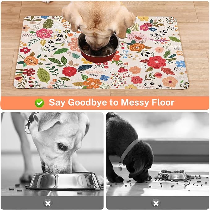 Absorbent Pet Dog Bowl Mat for Food and Water, Pet Cat Food Feeding Mat with Non Slip Rubber Backing, Dog Food Mats for Floors Waterproof, 16"x24"