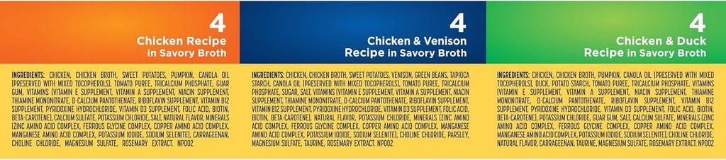 Nature’s Recipe Grain Free Chicken Recipe, Chicken & Venison Recipe and Chicken & Duck Recipe in Savory Broth Variety Pack Wet Dog Food, 12-2.75 oz. Cups, 2 Count