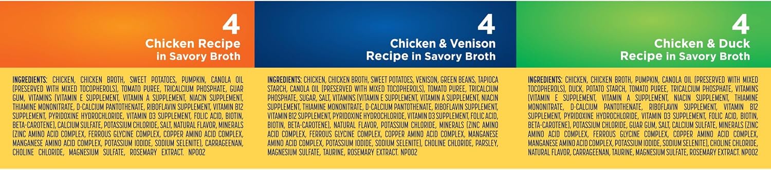 Nature’s Recipe Grain Free Chicken Recipe, Chicken & Venison Recipe and Chicken & Duck Recipe in Savory Broth Variety Pack Wet Dog Food, 12-2.75 oz. Cups, 2 Count