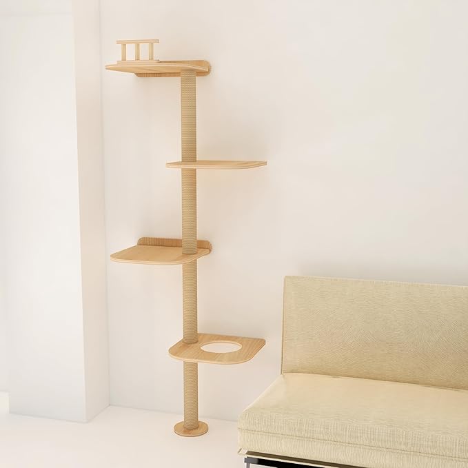 Wall-Mounted Tall Cat Tree Cat Scratching Post, Space Saving Floor to Ceiling Cat Tower, Natural Wood Wall Shelves, Corner cat Jumping Platform cat Bed,Suitable for Large Cats-63