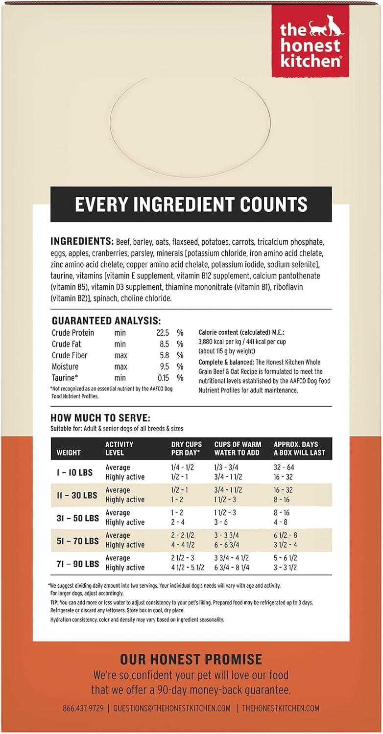 The Honest Kitchen Human Grade Wholemade™ Dehydrated Whole Grain Dog Food – Complete Meal or Dog Food Topper – Beef & Oat 4 lb (Makes 16 lbs)