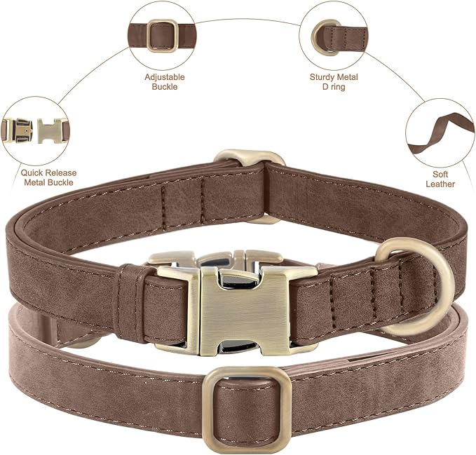 Genuine Leather Dog Collar - Adjustable Pet Collar with Quick Release Metal Buckle, Soft Skin Friendly Real Leather Collar for Small, Medium, Large Dogs (Dark Brown, M：Fit 12-20" Neck)