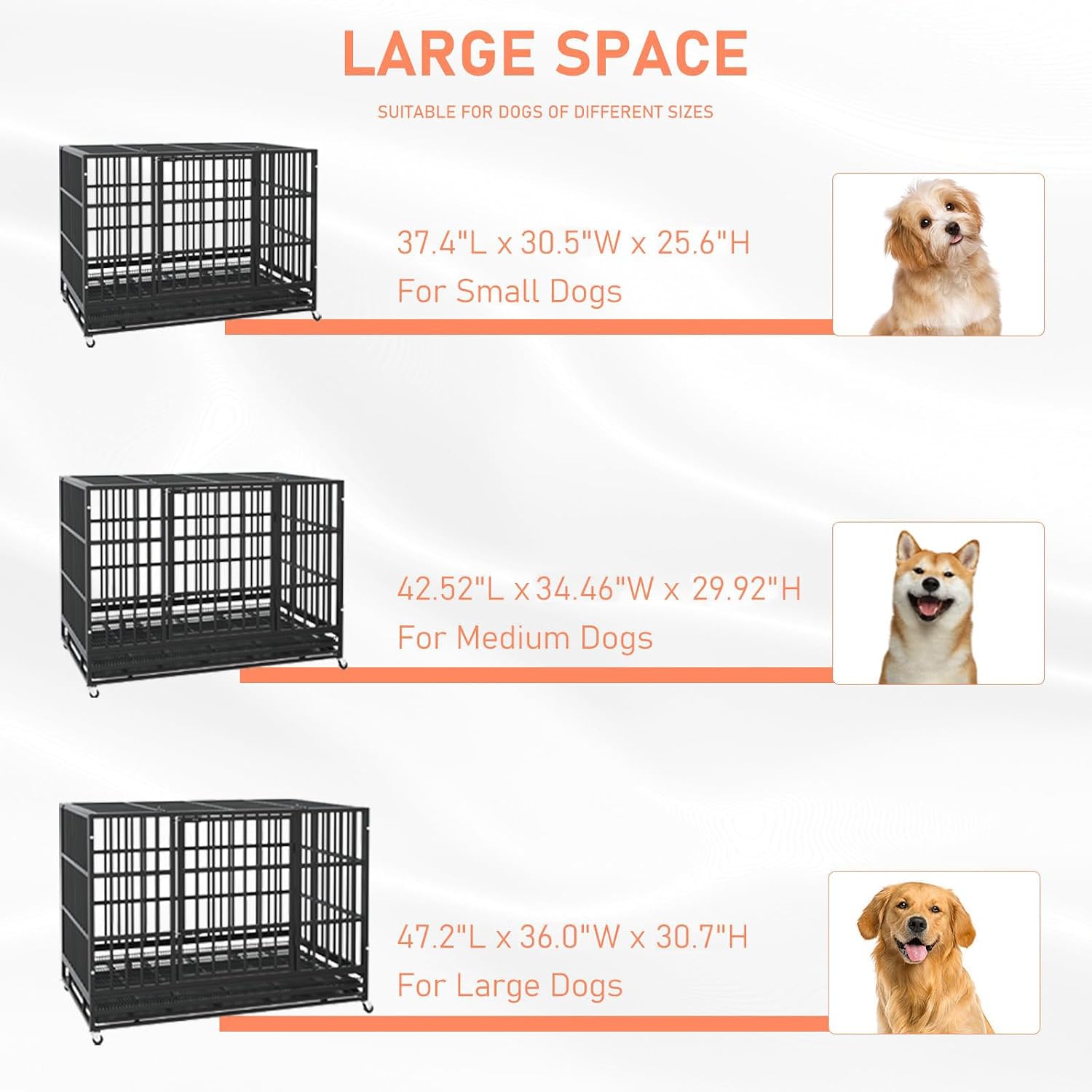 LEMBERI 48" Heavy Duty Dog Crate for Large Dogs, Black | Indestructible escape-proof cage kennel for high anxiety dogs, with removable wire trays & lockable wheels
