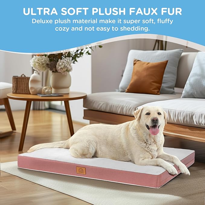 Orthopedic Dog Bed for Medium Dogs, Waterproof Deluxe Plush Dog Crate Bed with Removable Washable Cover & Anti-Slip Bottom, Egg Crate Foam Pet Bed Mat, 30 x 20 Inches, Pink