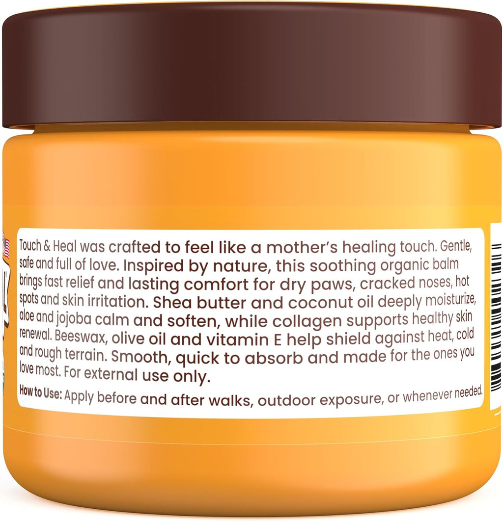 Touch & Heal Organic Paw Balm for Dogs 2oz - Cream Lotion Protection Moisturizer Nose Natural Soother Hot Pavement Wax Dry Paws Cracked Butter Protectors Pad Snout Puppy Elbow Foot Pet